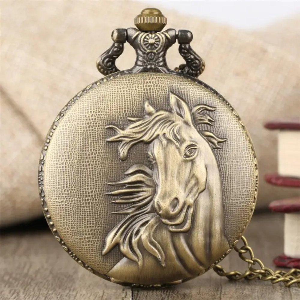 Horse Vintage Bronze Pocket Watch with Chain Necklace Unique - Picture 7 of 7
